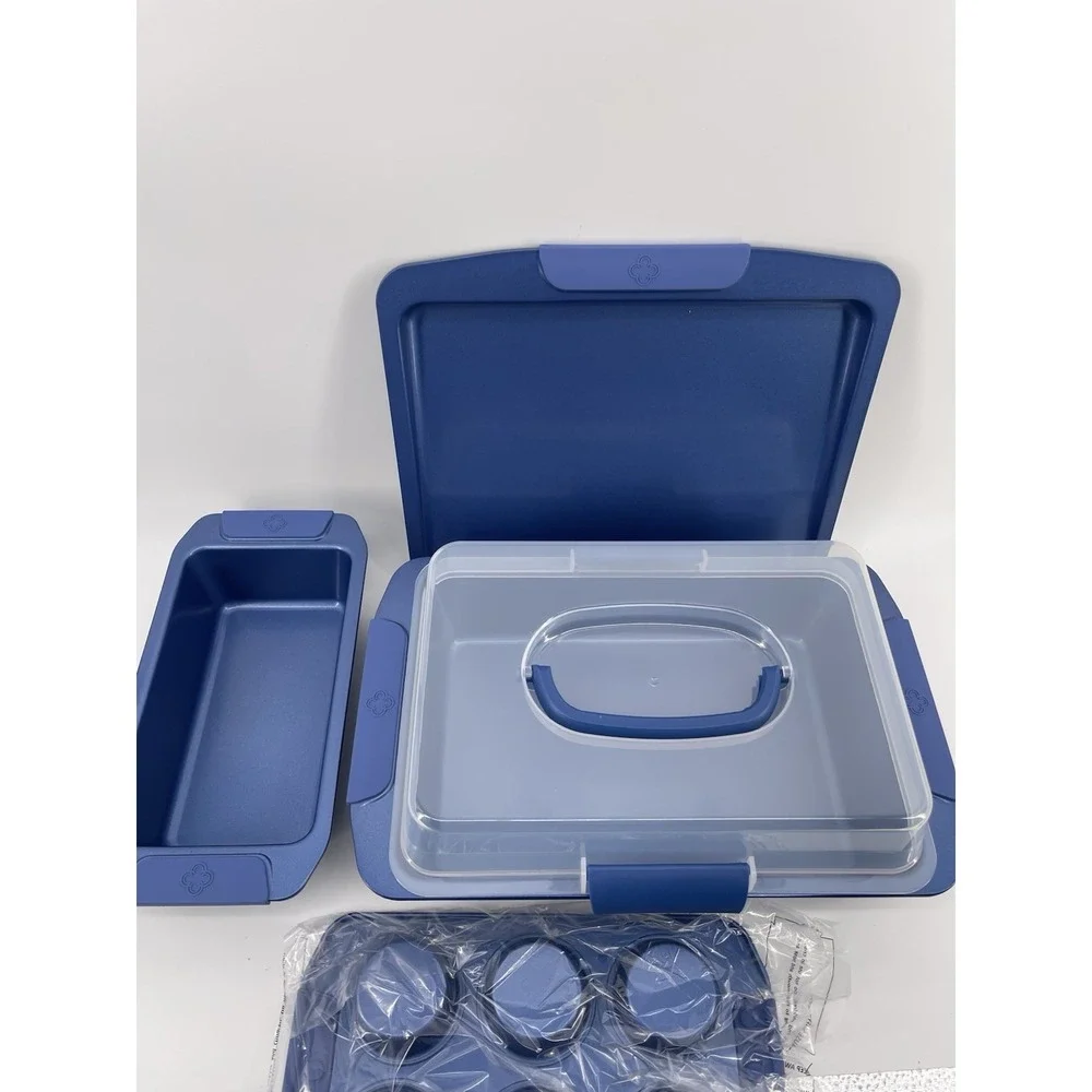 Pampered Chef Blue Loaf Pan Muffin Tray Carrier Set New Open Box